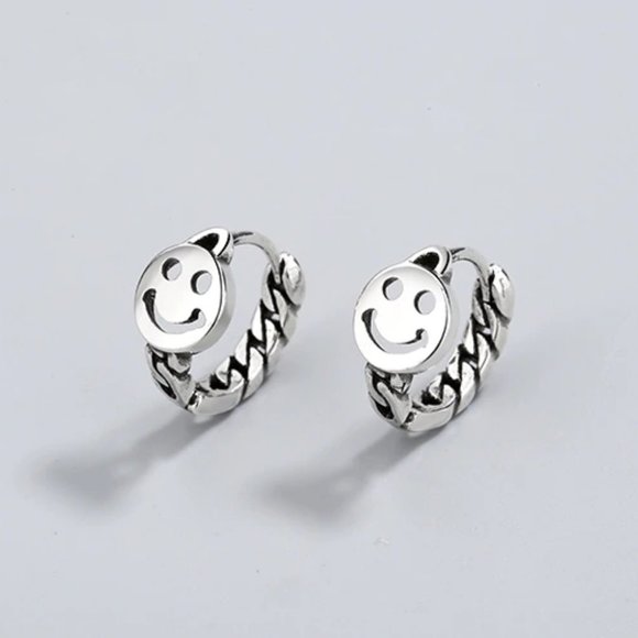 NEW 925 Sterling Silver Smiley Face Hoop Earrings - Picture 2 of 10